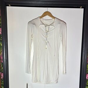 Cream Long Sleeve Lace-Up Top